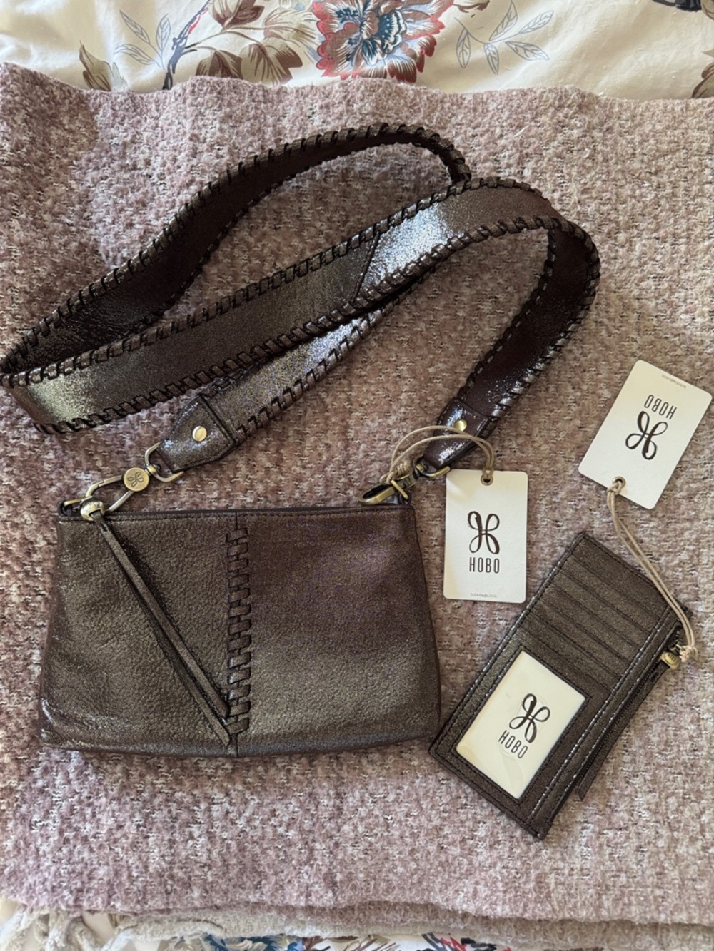 HOBO Metallic Brown Leather Crossbody with Woven Strap and Cardholder